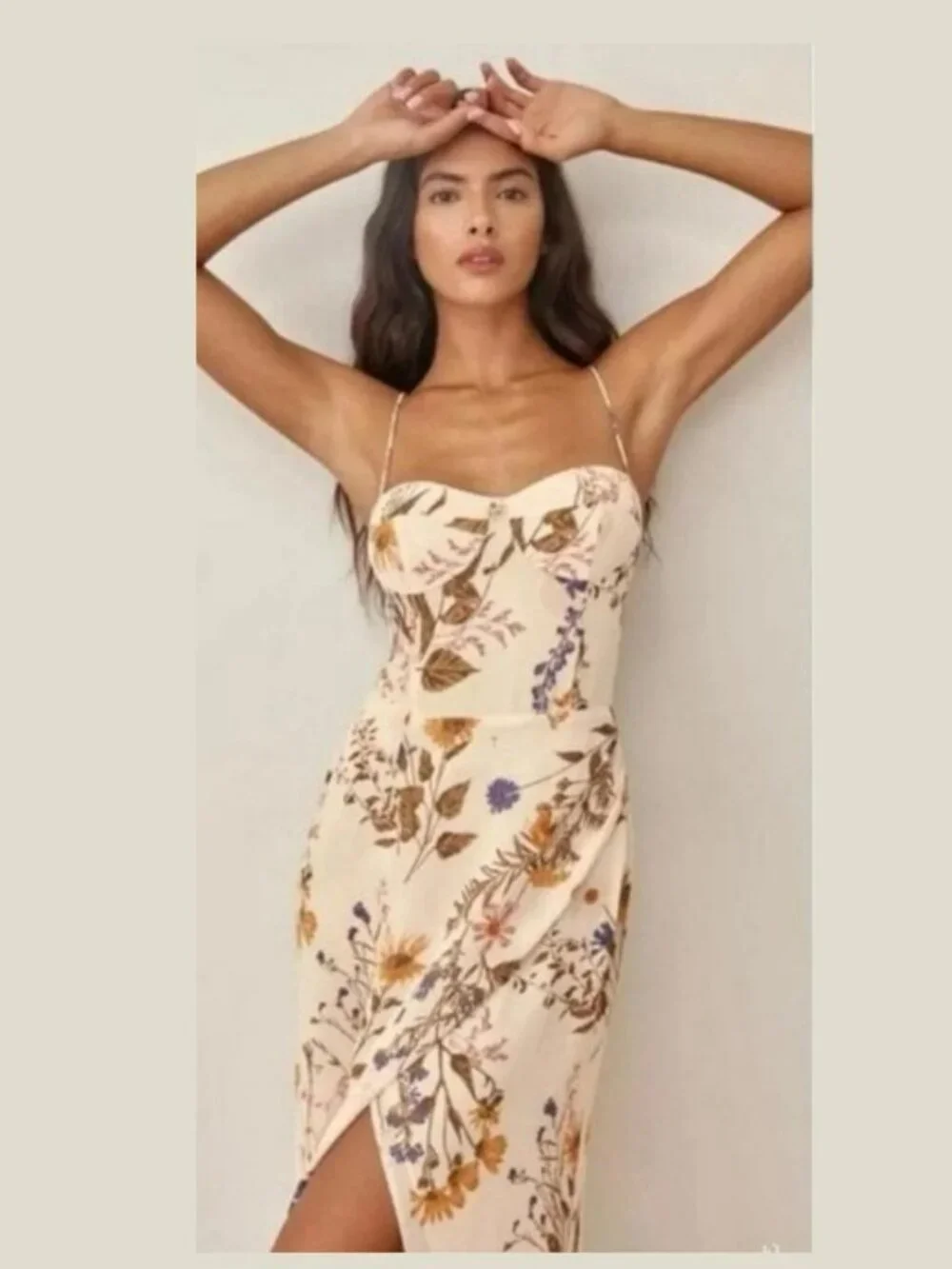 Reformation Cream Floral Kourtney Side Slit Midi Dress Sz 2 - Picture 4 of 16
